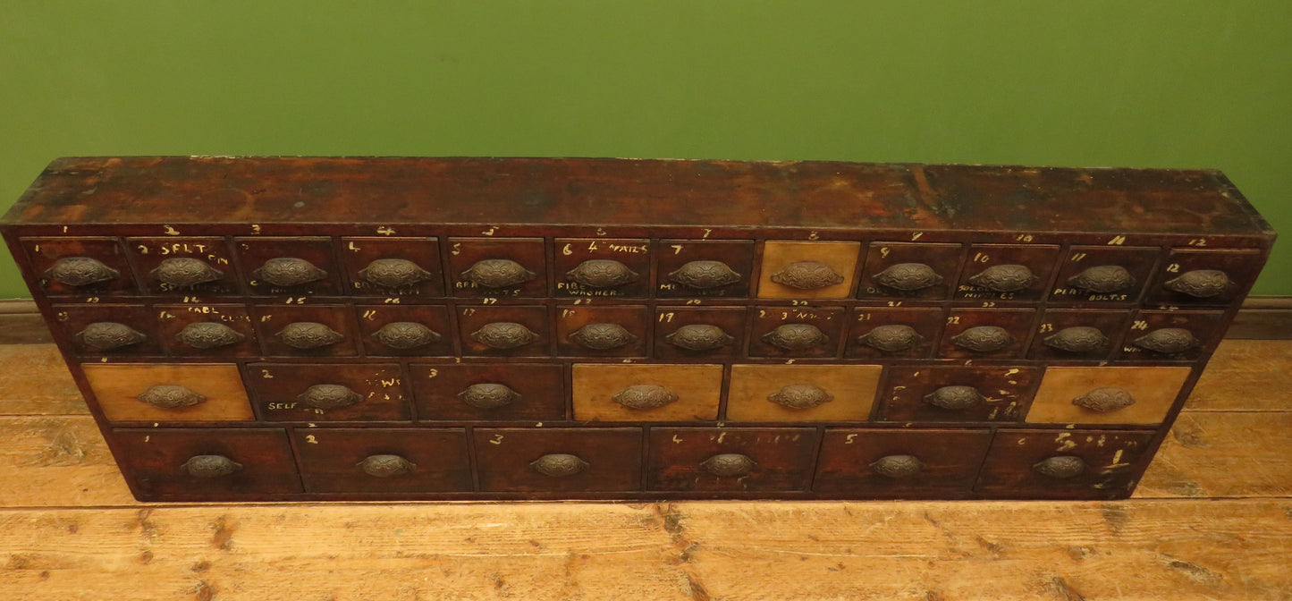 Large Low Bank of 37 Factory Drawers, apothecary chest