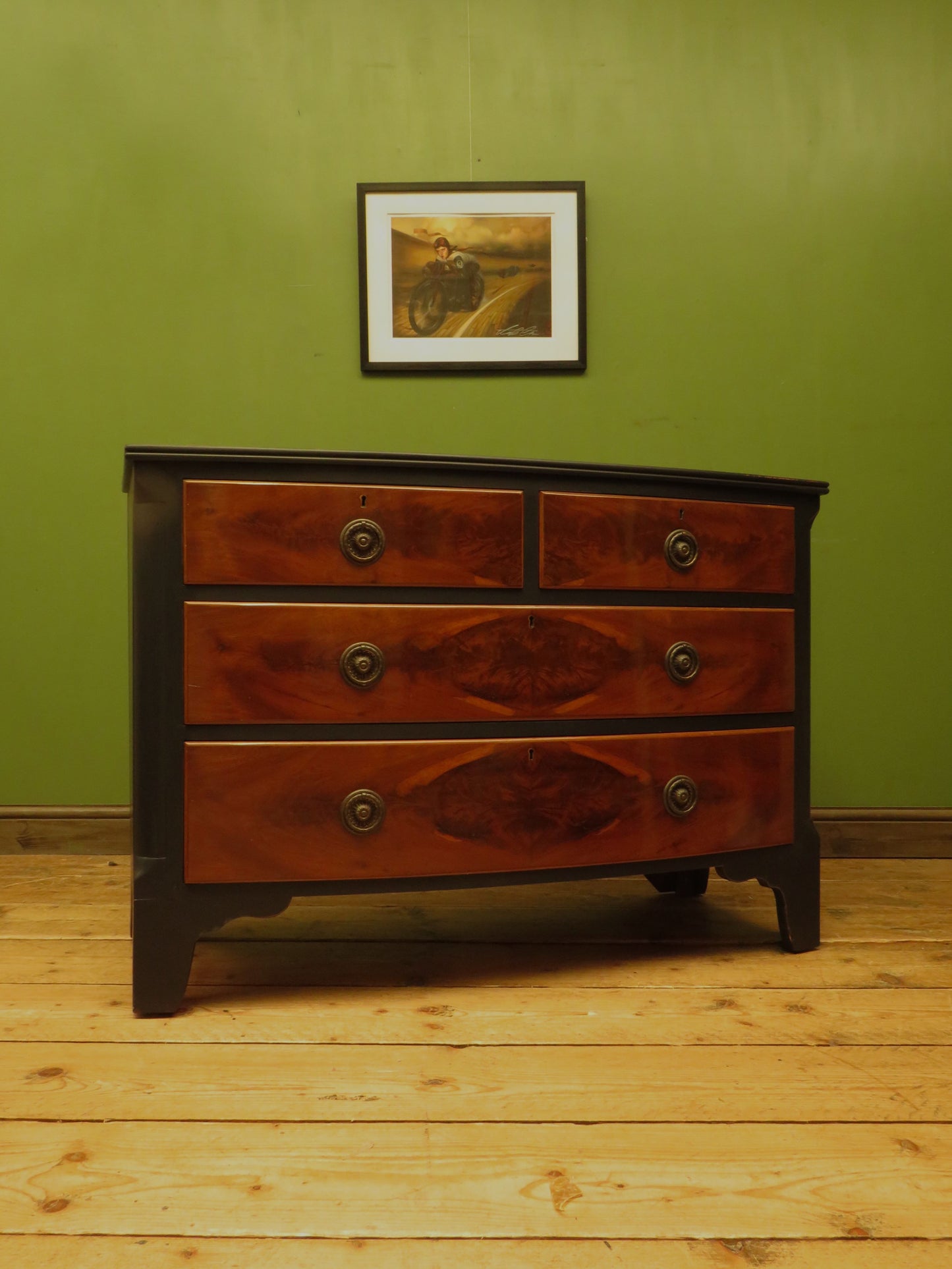 Black and Wood Bow front Chest of Drawers