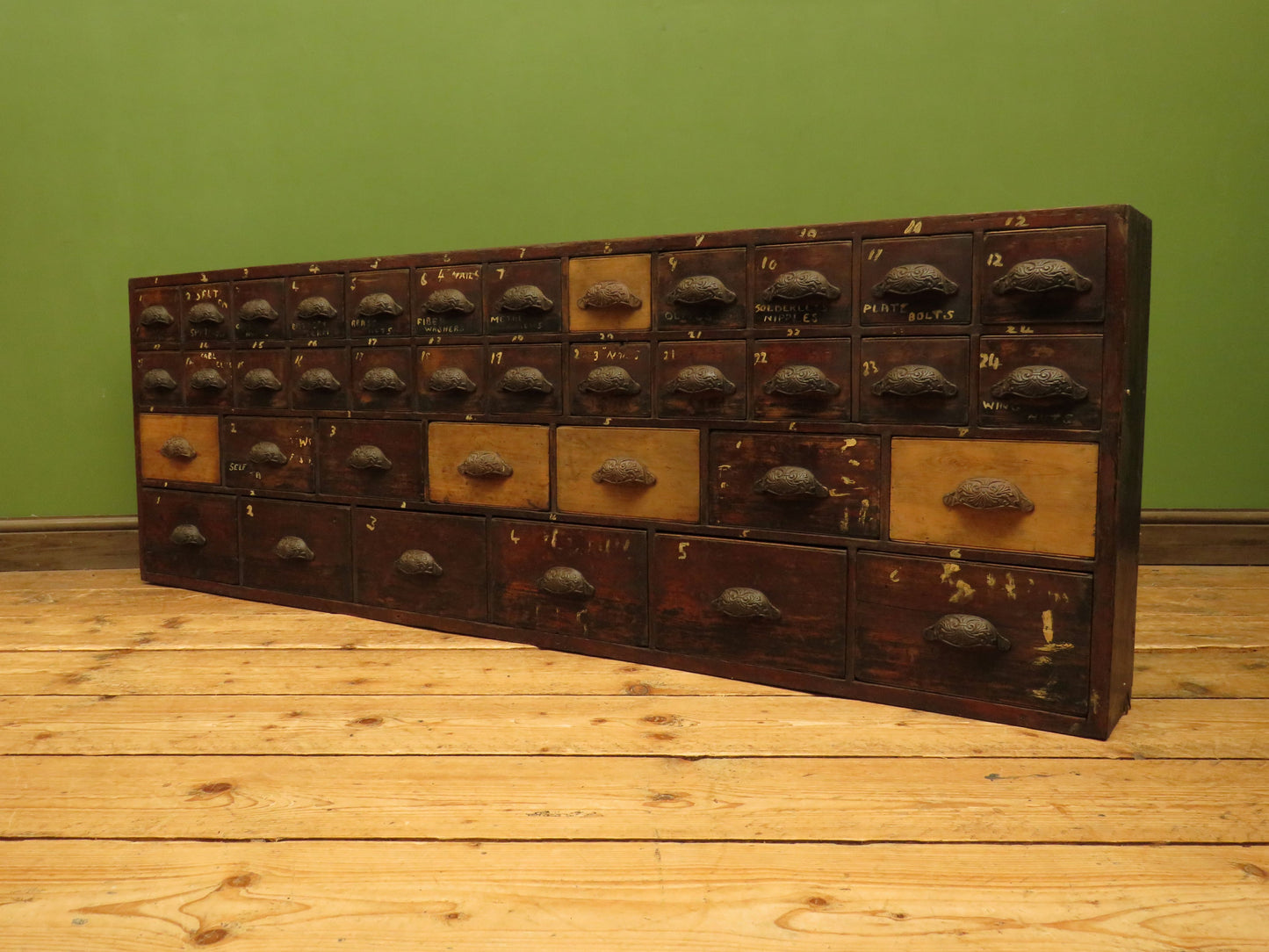 Large Low Bank of 37 Factory Drawers, apothecary chest