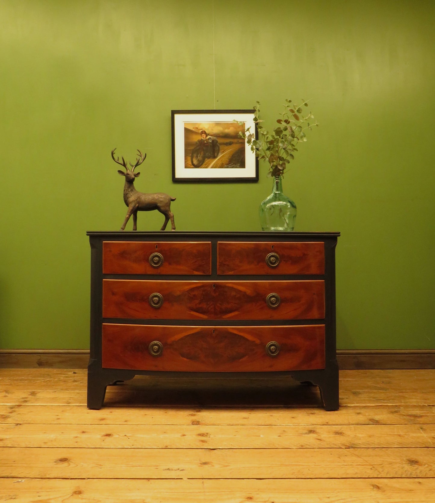 Black and Wood Bow front Chest of Drawers