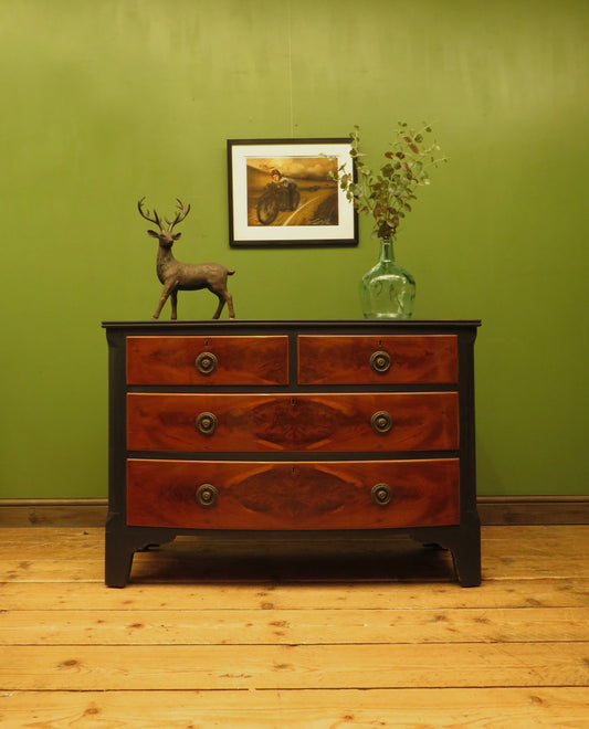 Black and Wood Bow front Chest of Drawers