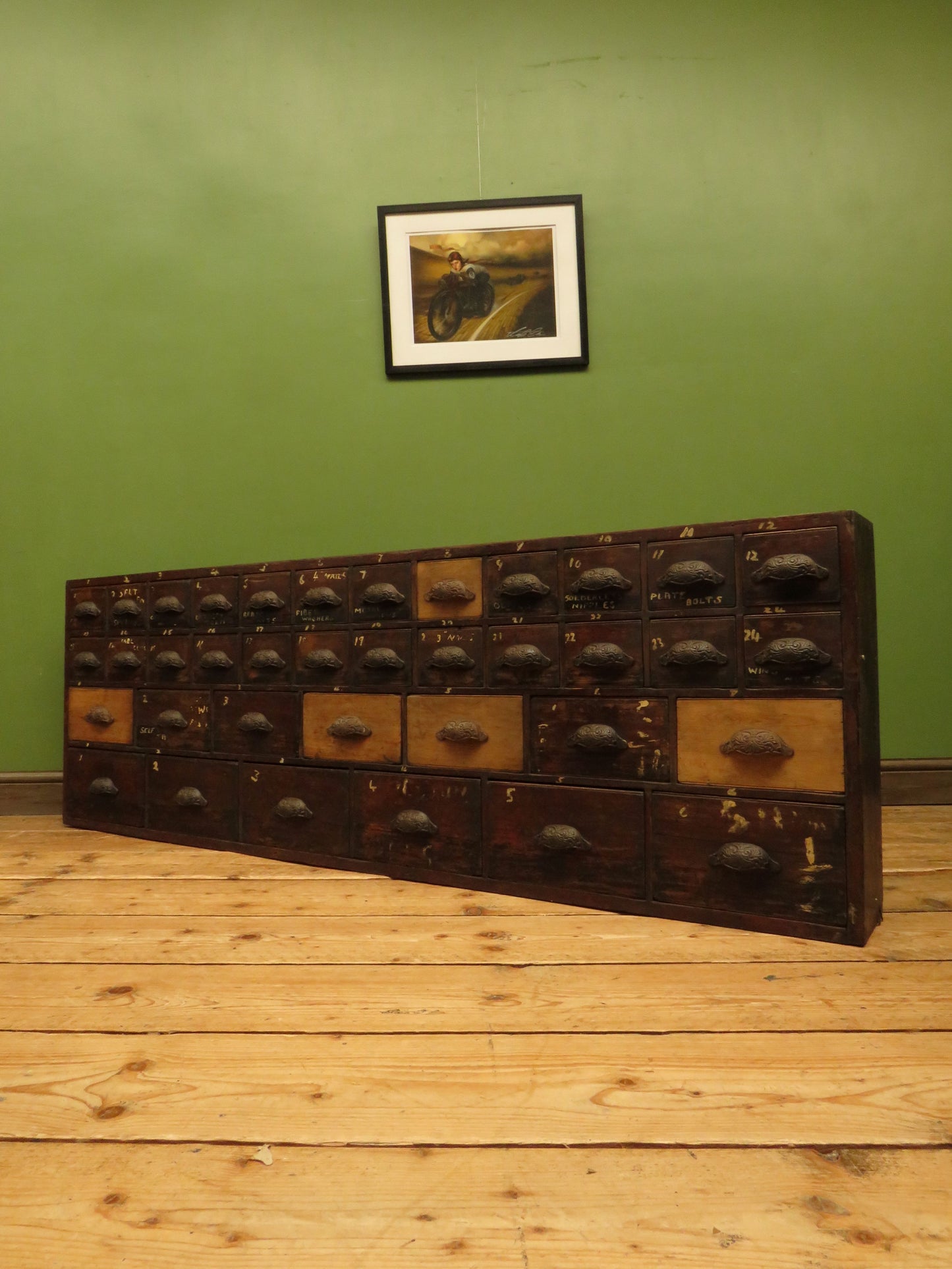 Large Low Bank of 37 Factory Drawers, apothecary chest