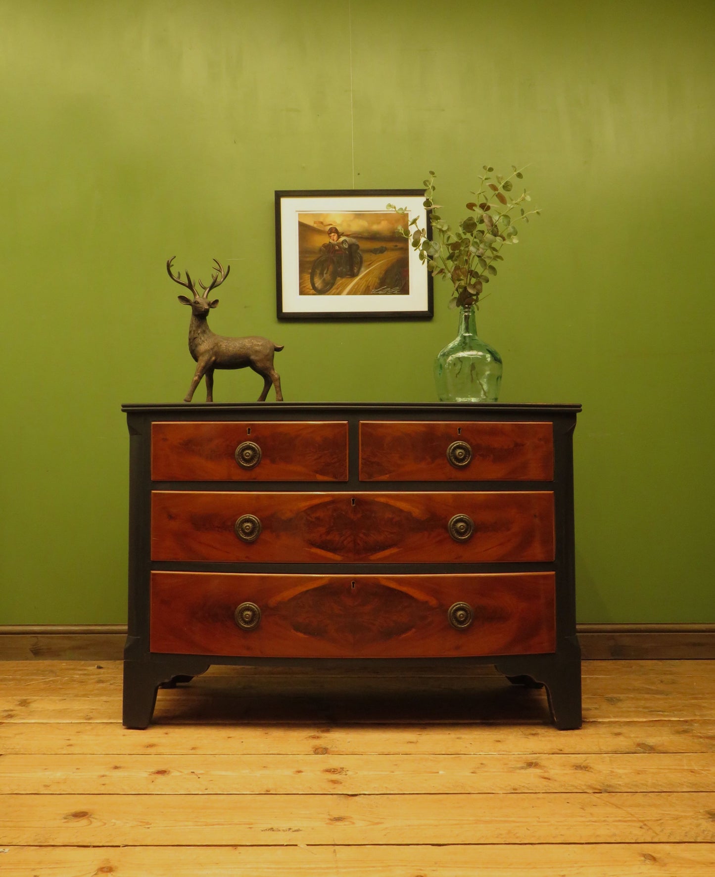 Black and Wood Bow front Chest of Drawers