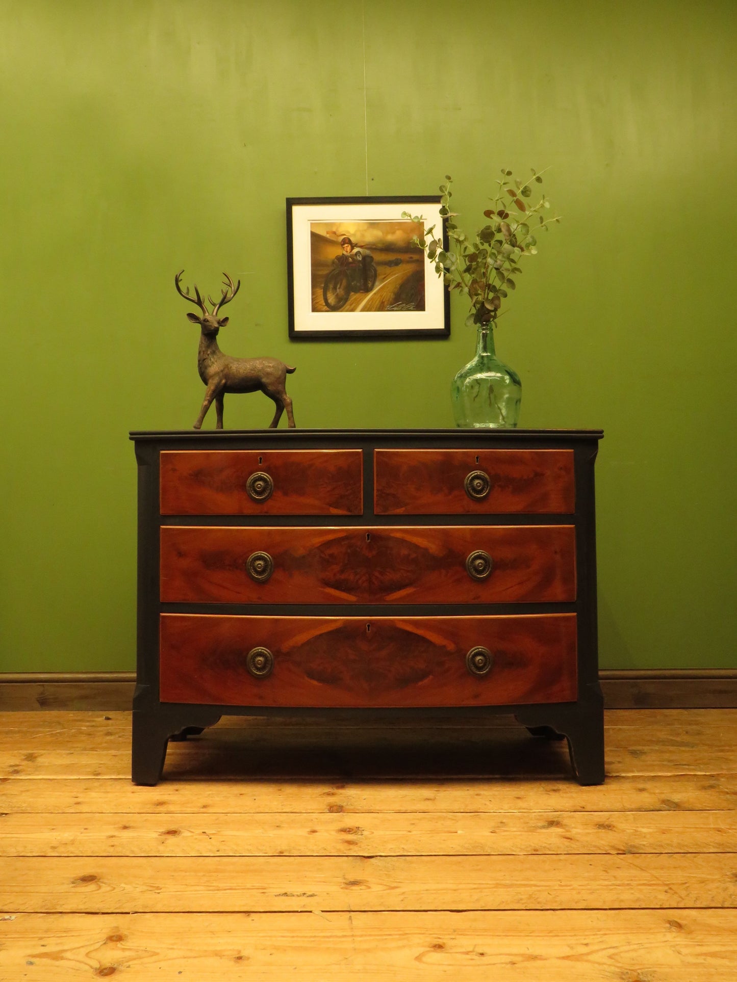 Black and Wood Bow front Chest of Drawers