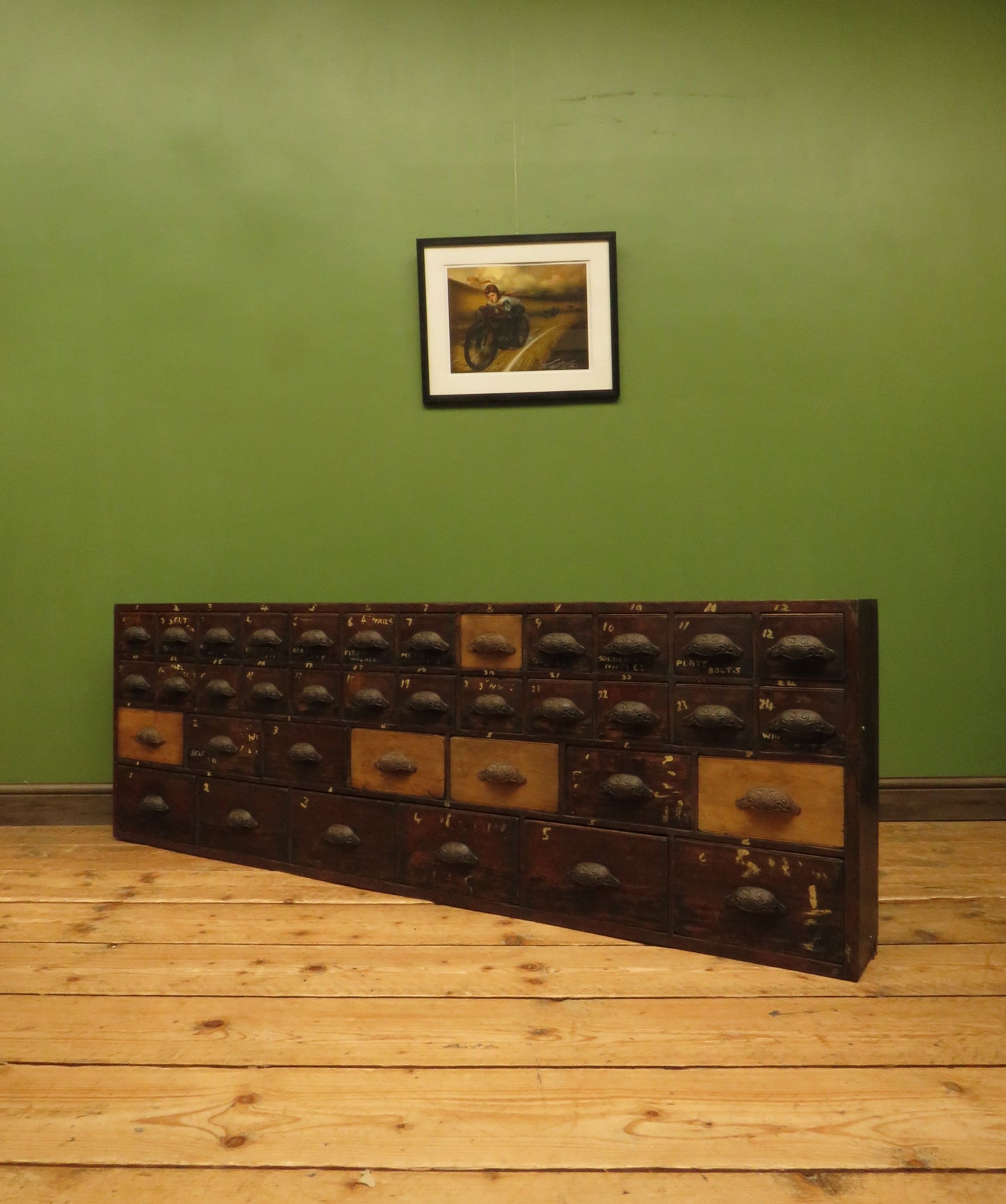 Large Low Bank of 37 Factory Drawers, apothecary chest
