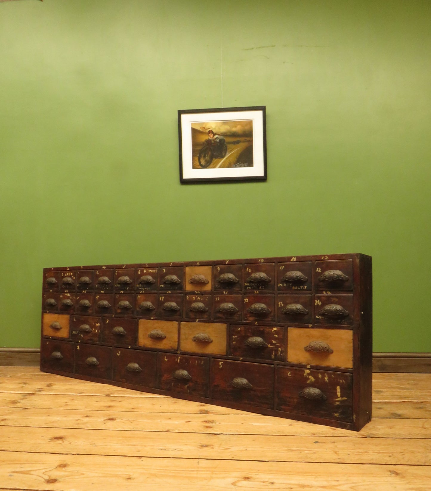 Large Low Bank of 37 Factory Drawers, apothecary chest