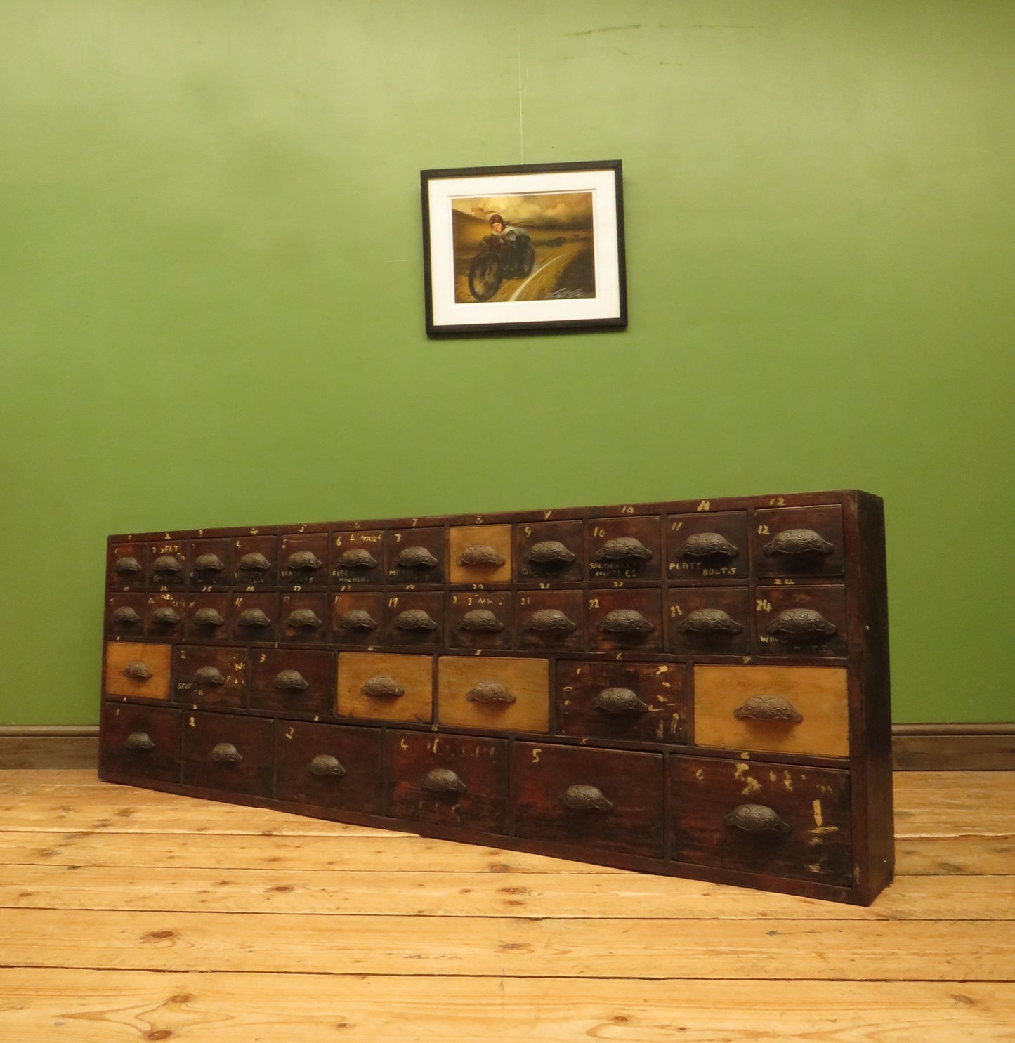 Large Low Bank of 37 Factory Drawers, apothecary chest
