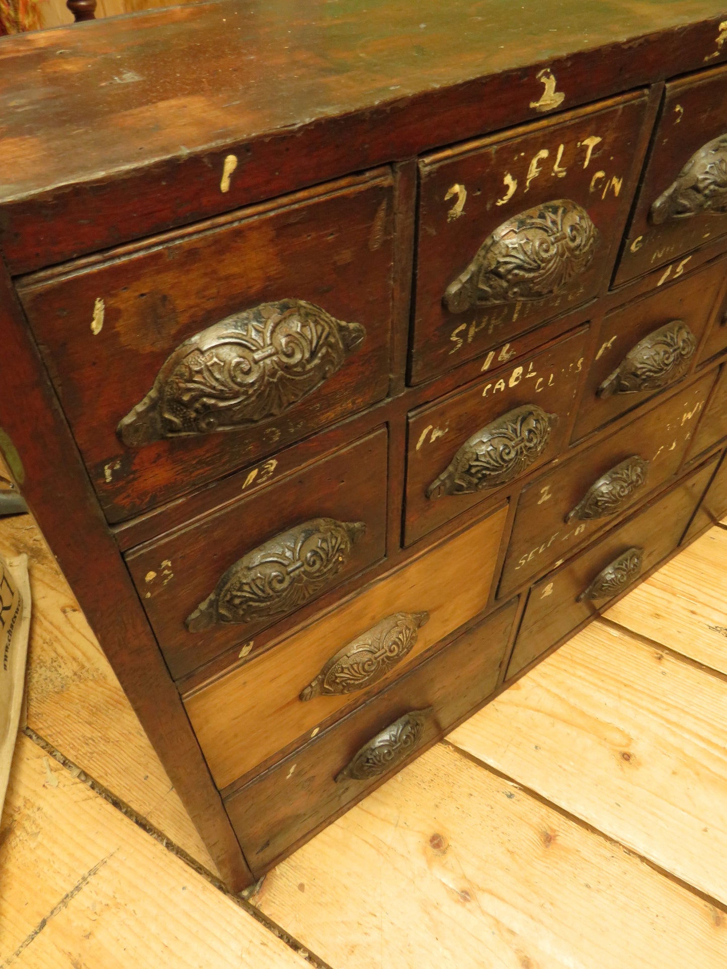 Large Low Bank of 37 Factory Drawers, apothecary chest