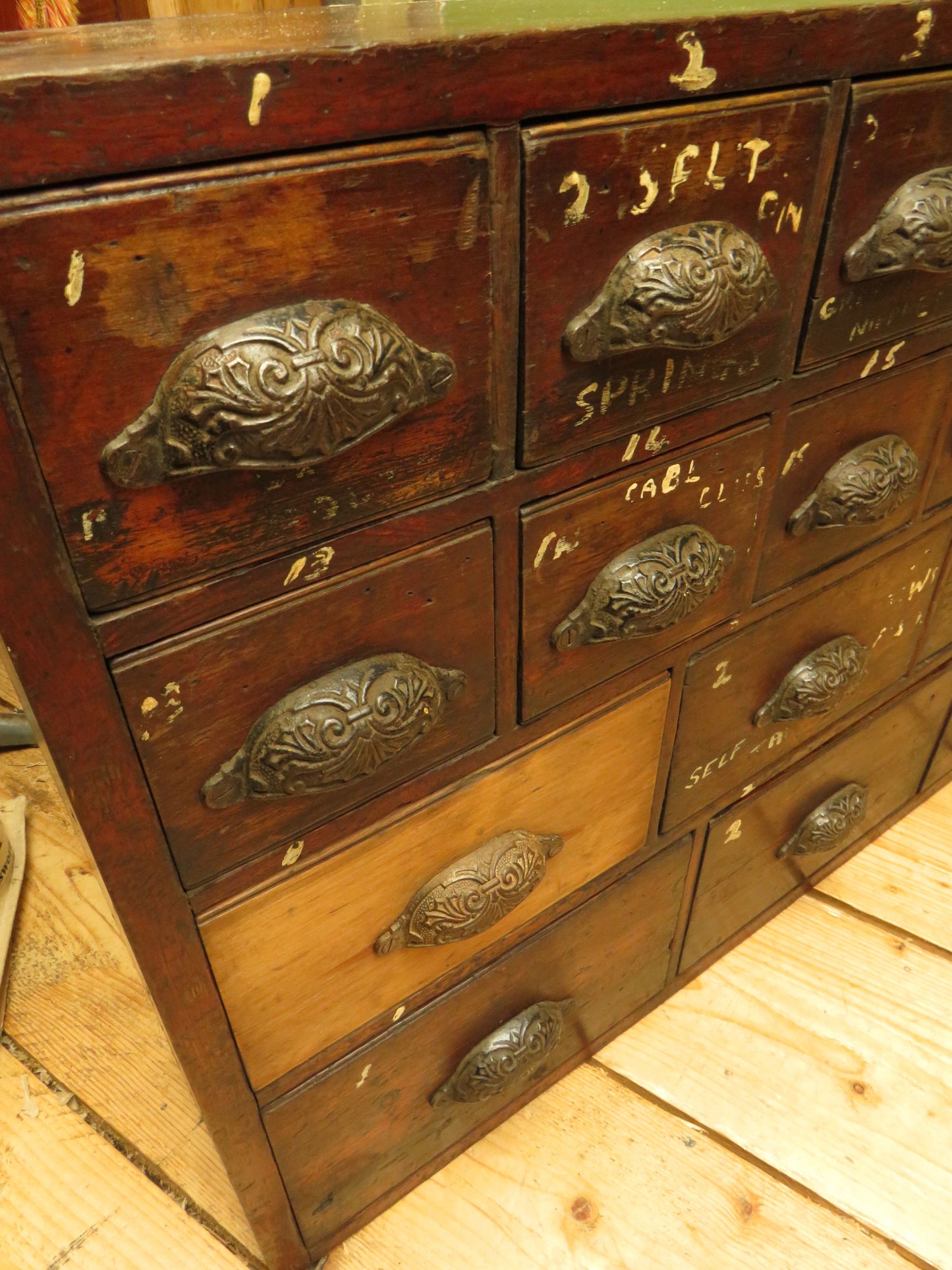 Large Low Bank of 37 Factory Drawers, apothecary chest