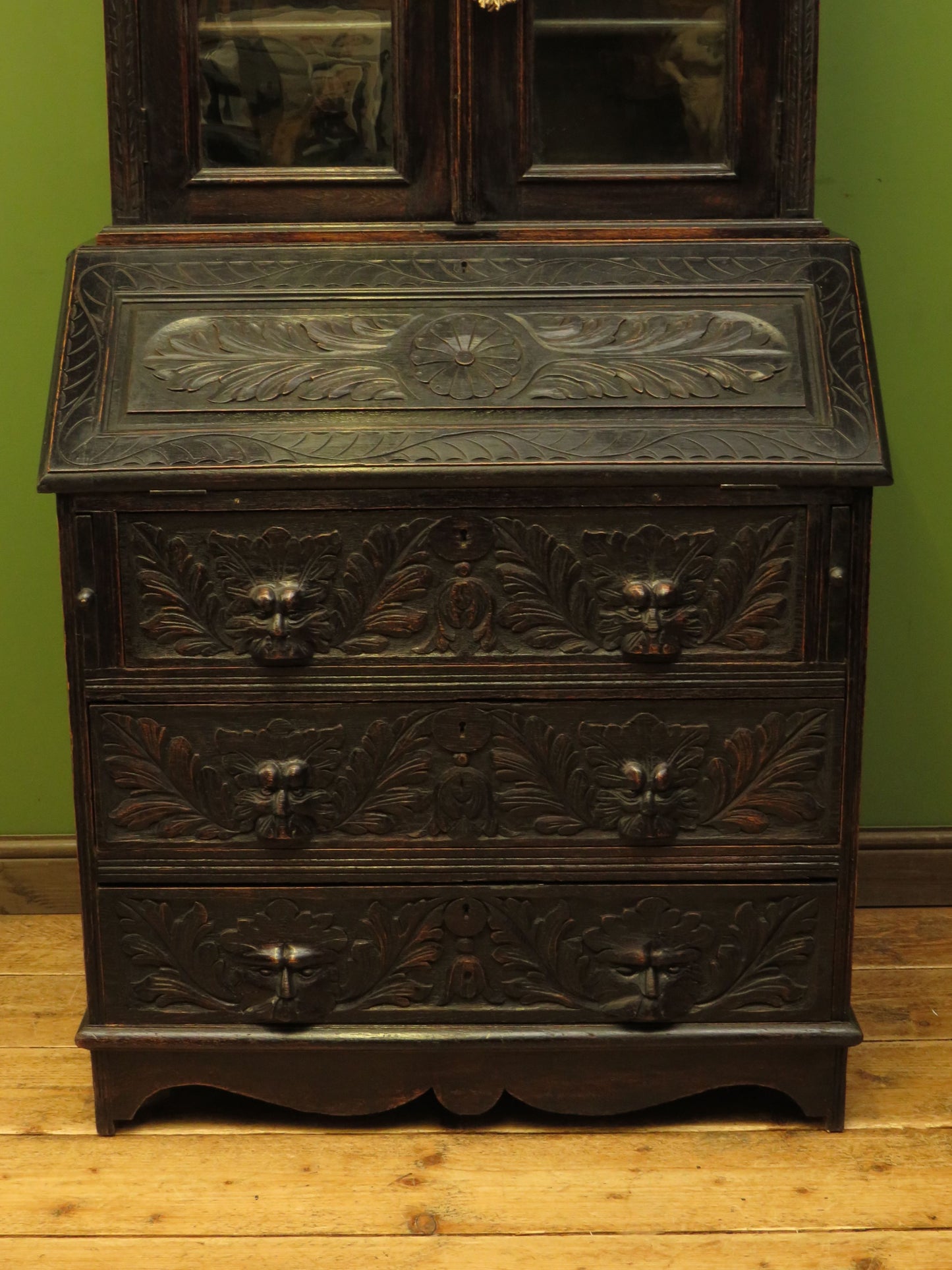 Gothic Ebonized Oak Green Man Bureau Bookcase