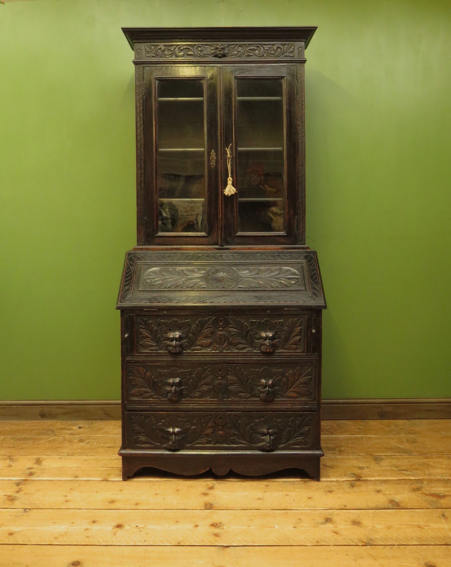 Gothic Ebonized Oak Green Man Bureau Bookcase