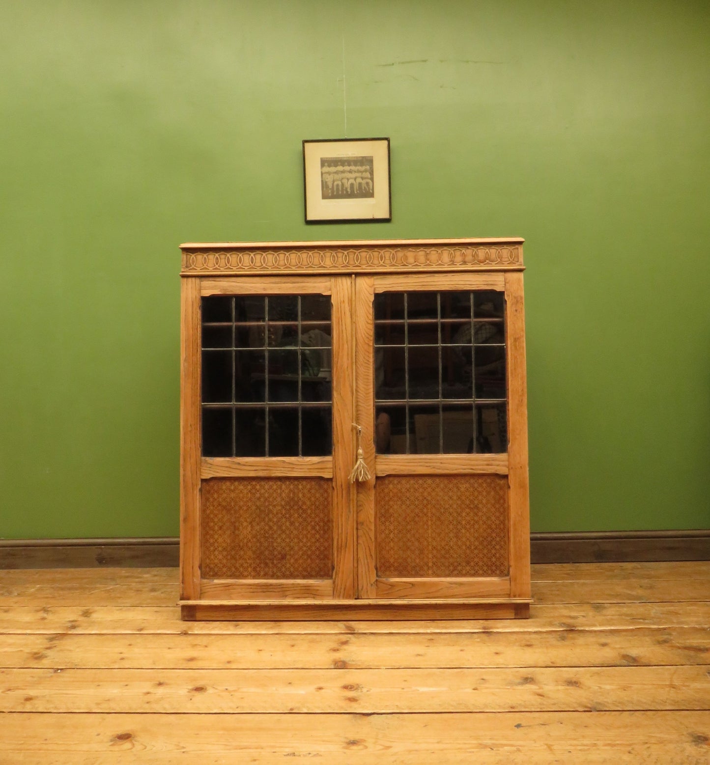 Antique Stripped Oak Bookcase Cabinet with Lockable doors