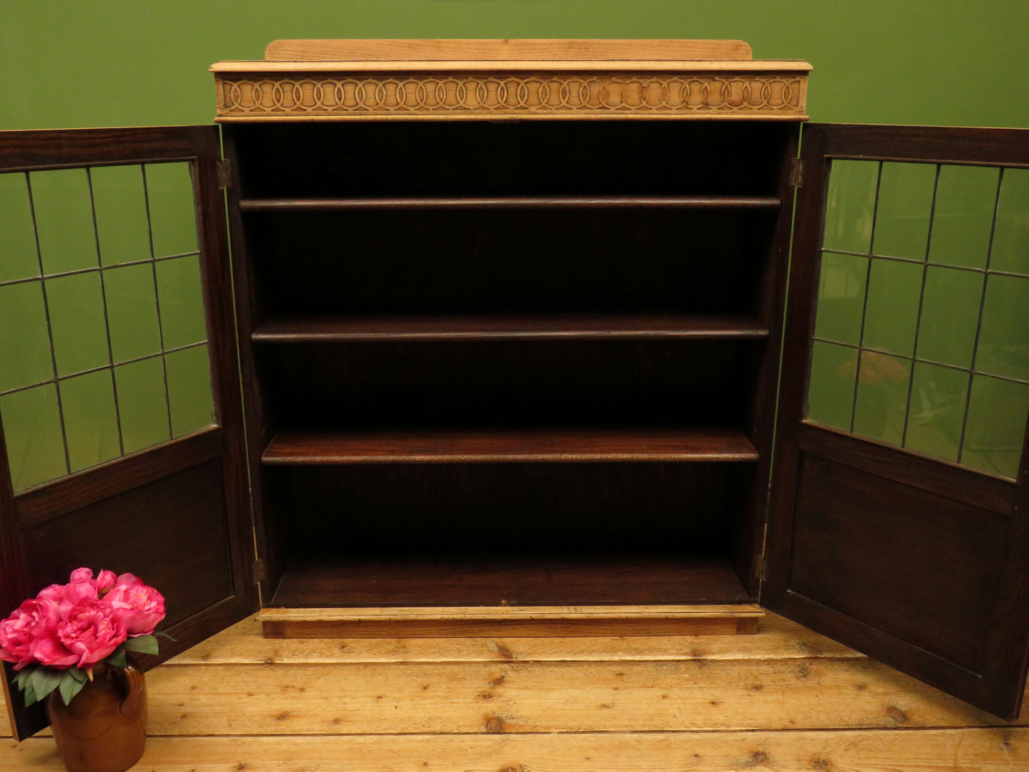Antique Stripped Oak Bookcase Cabinet with Lockable doors