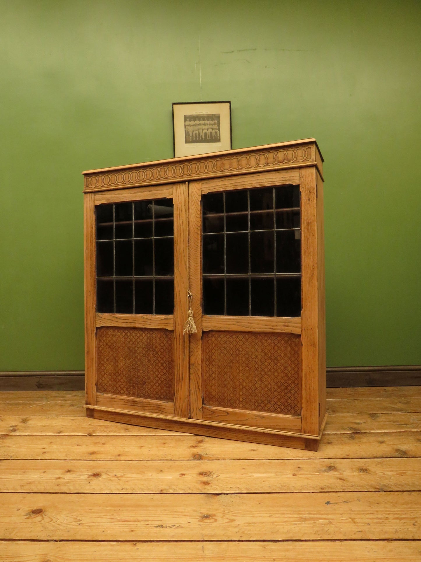 Antique Stripped Oak Bookcase Cabinet with Lockable doors