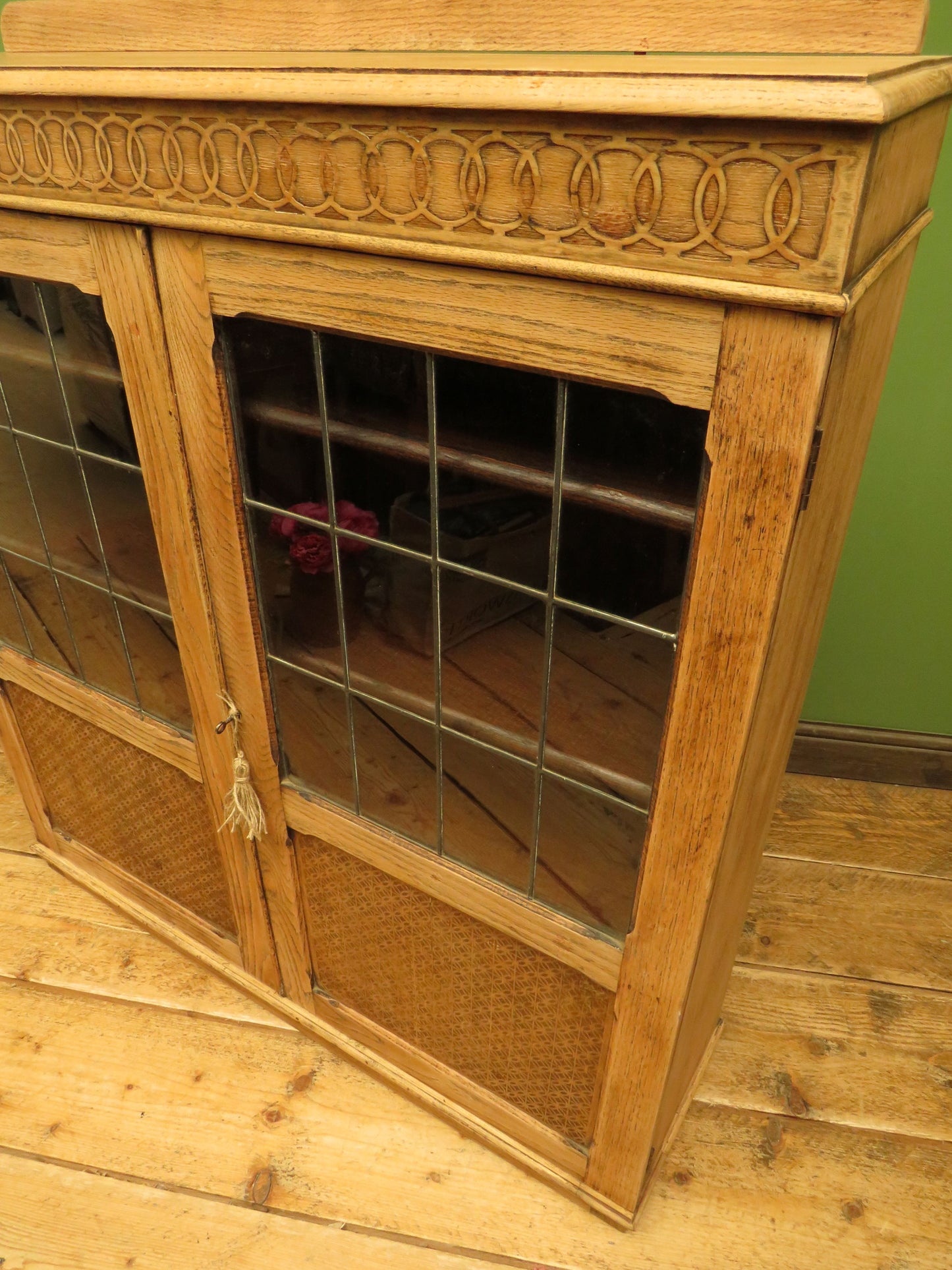 Antique Stripped Oak Bookcase Cabinet with Lockable doors