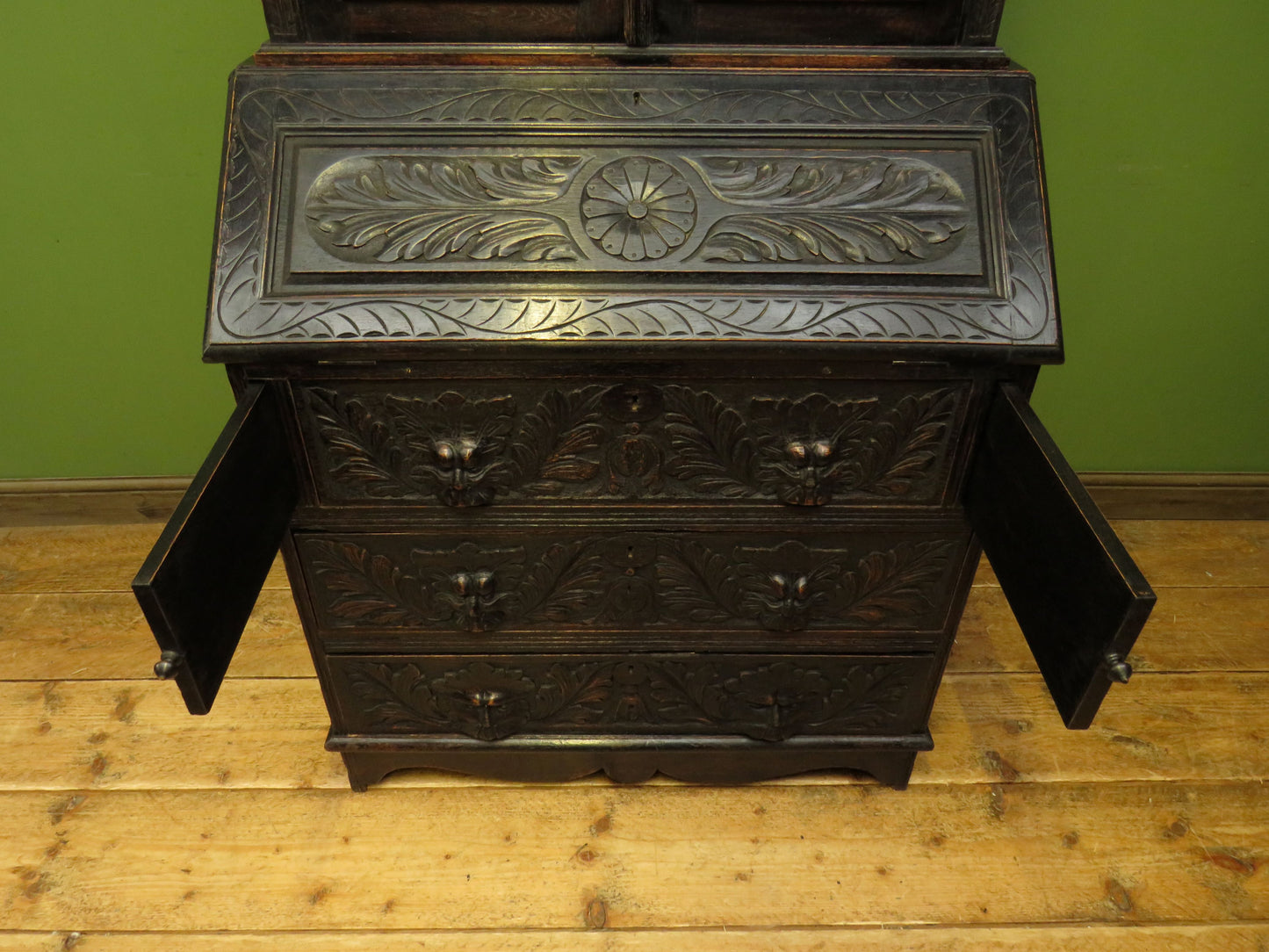 Gothic Ebonized Oak Green Man Bureau Bookcase