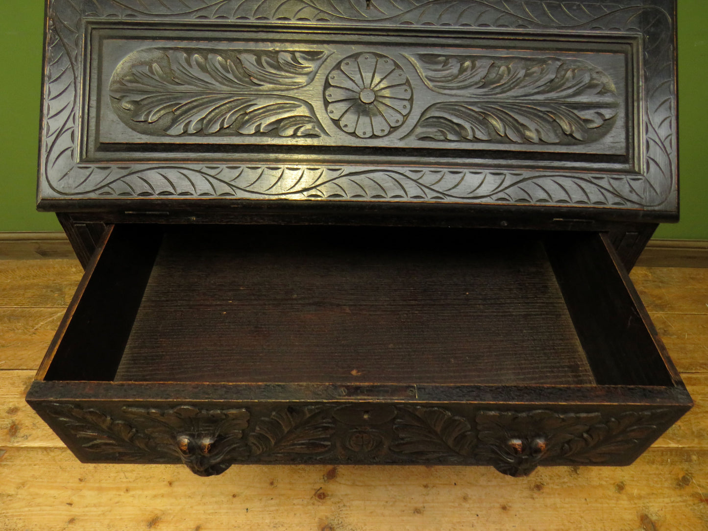 Gothic Ebonized Oak Green Man Bureau Bookcase