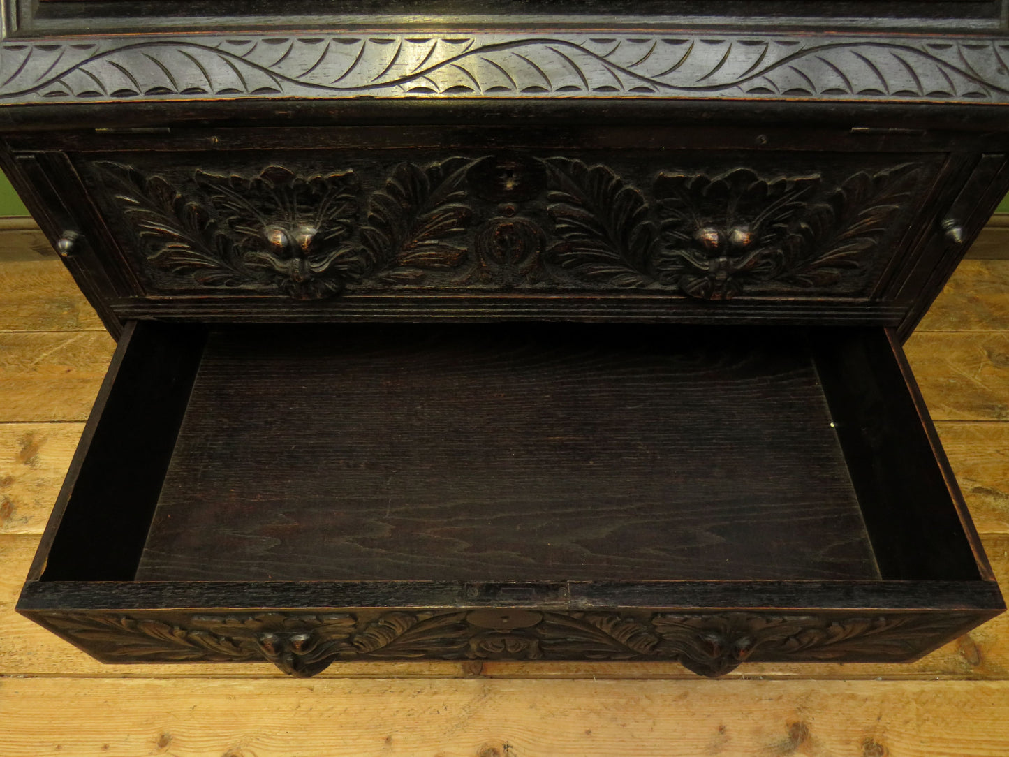 Gothic Ebonized Oak Green Man Bureau Bookcase