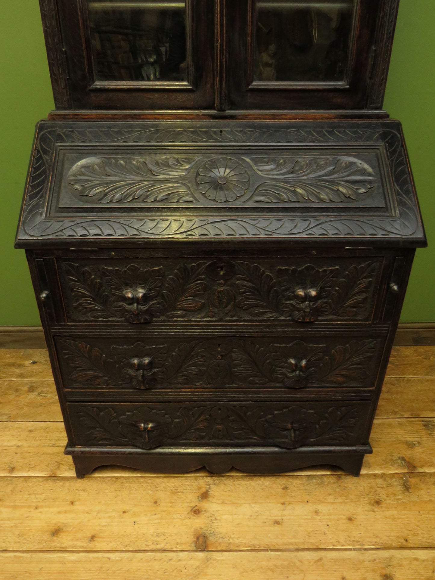 Gothic Ebonized Oak Green Man Bureau Bookcase