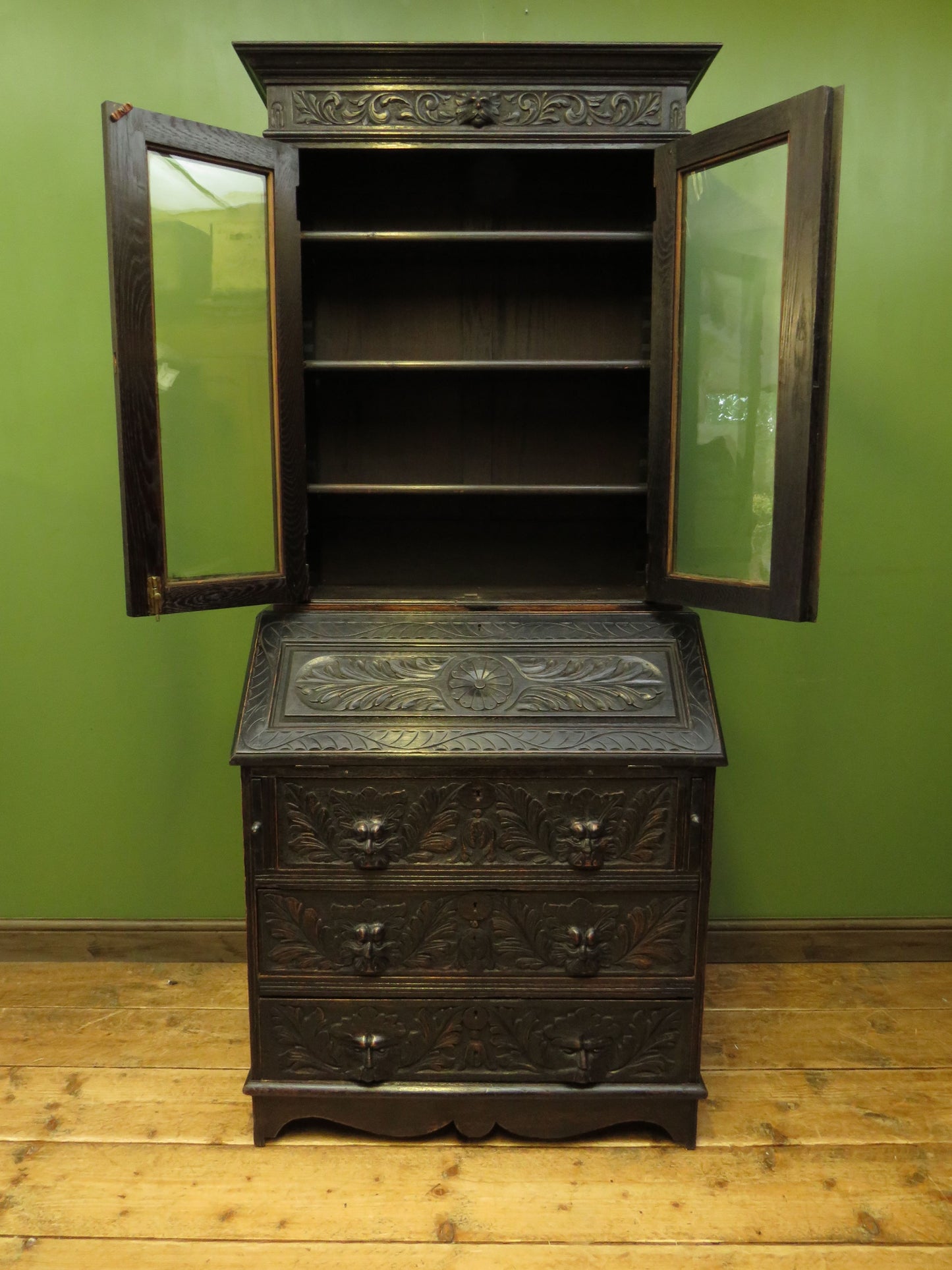 Gothic Ebonized Oak Green Man Bureau Bookcase