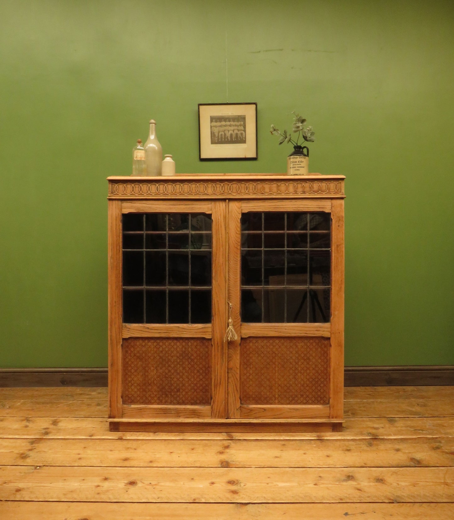 Antique Stripped Oak Bookcase Cabinet with Lockable doors