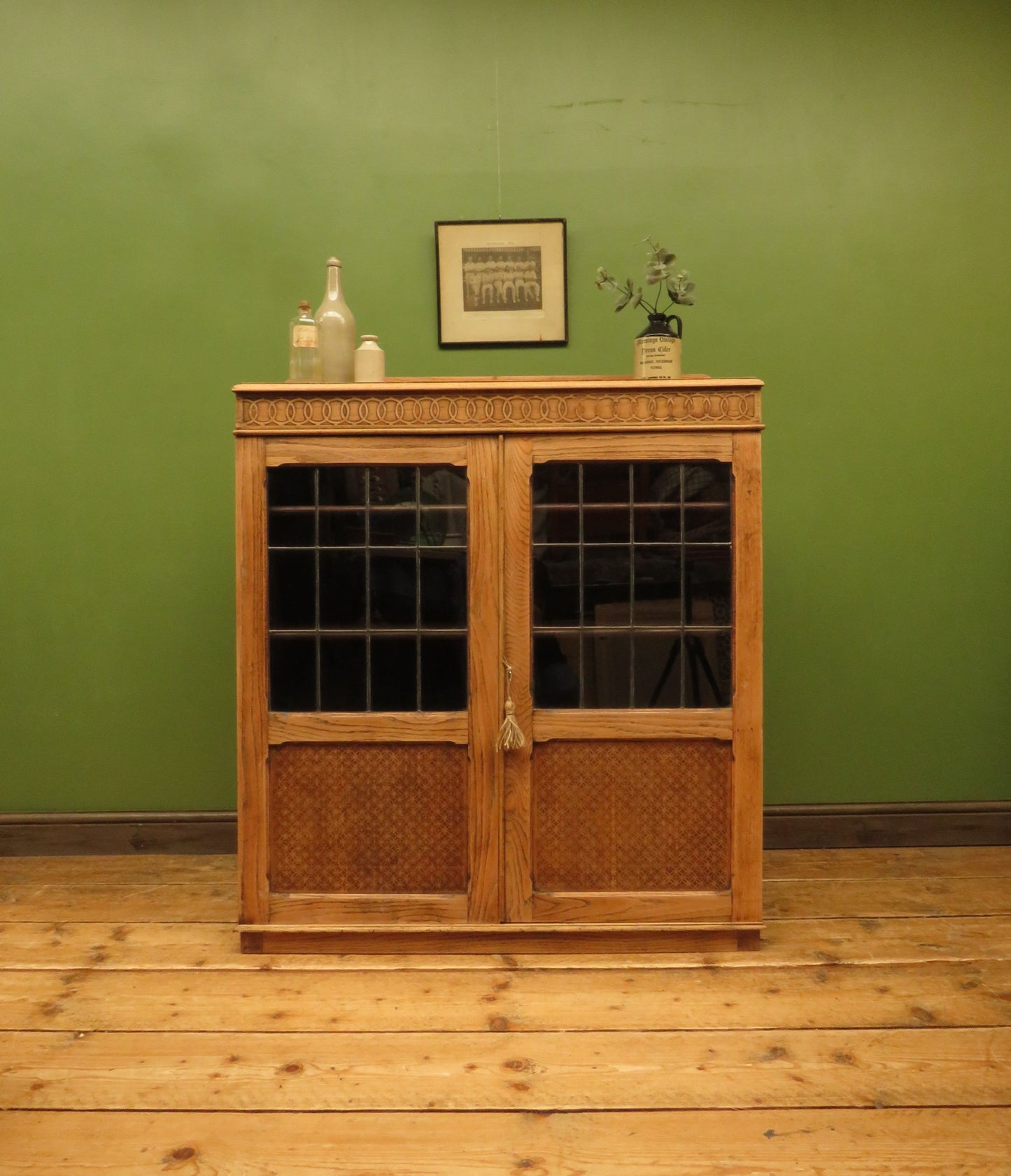 Antique Stripped Oak Bookcase Cabinet with Lockable doors
