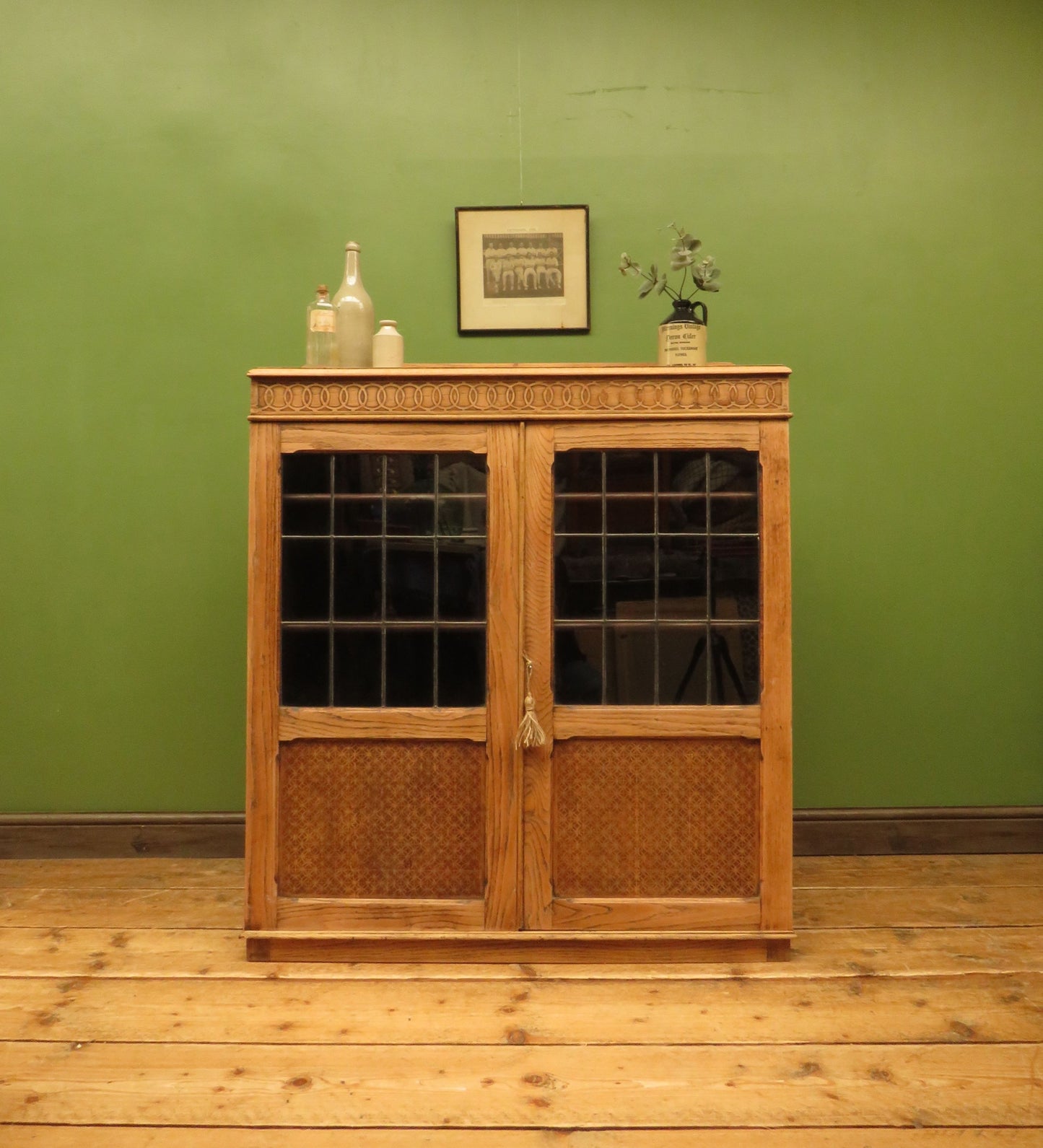 Antique Stripped Oak Bookcase Cabinet with Lockable doors