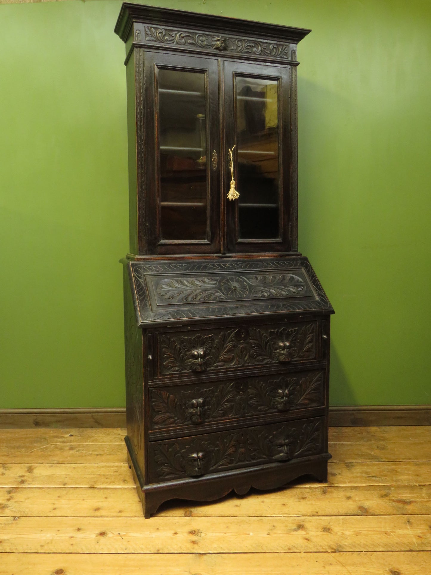 Gothic Ebonized Oak Green Man Bureau Bookcase