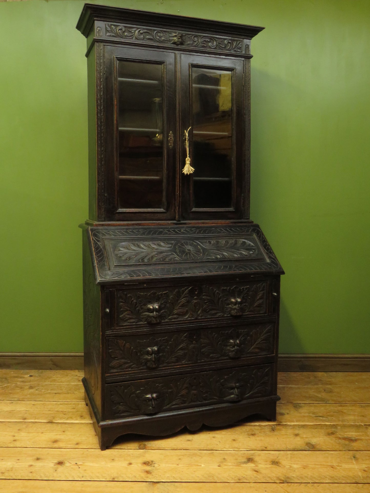 Gothic Ebonized Oak Green Man Bureau Bookcase