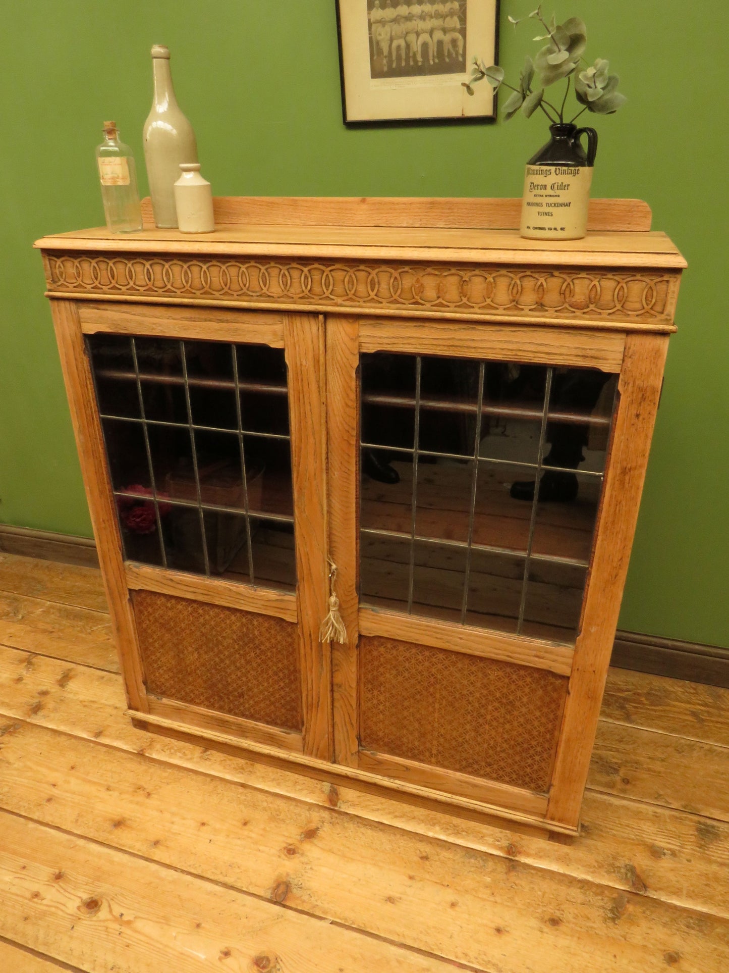 Antique Stripped Oak Bookcase Cabinet with Lockable doors