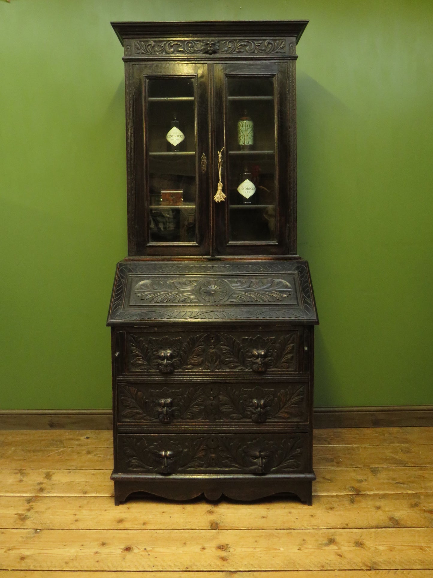 Gothic Ebonized Oak Green Man Bureau Bookcase