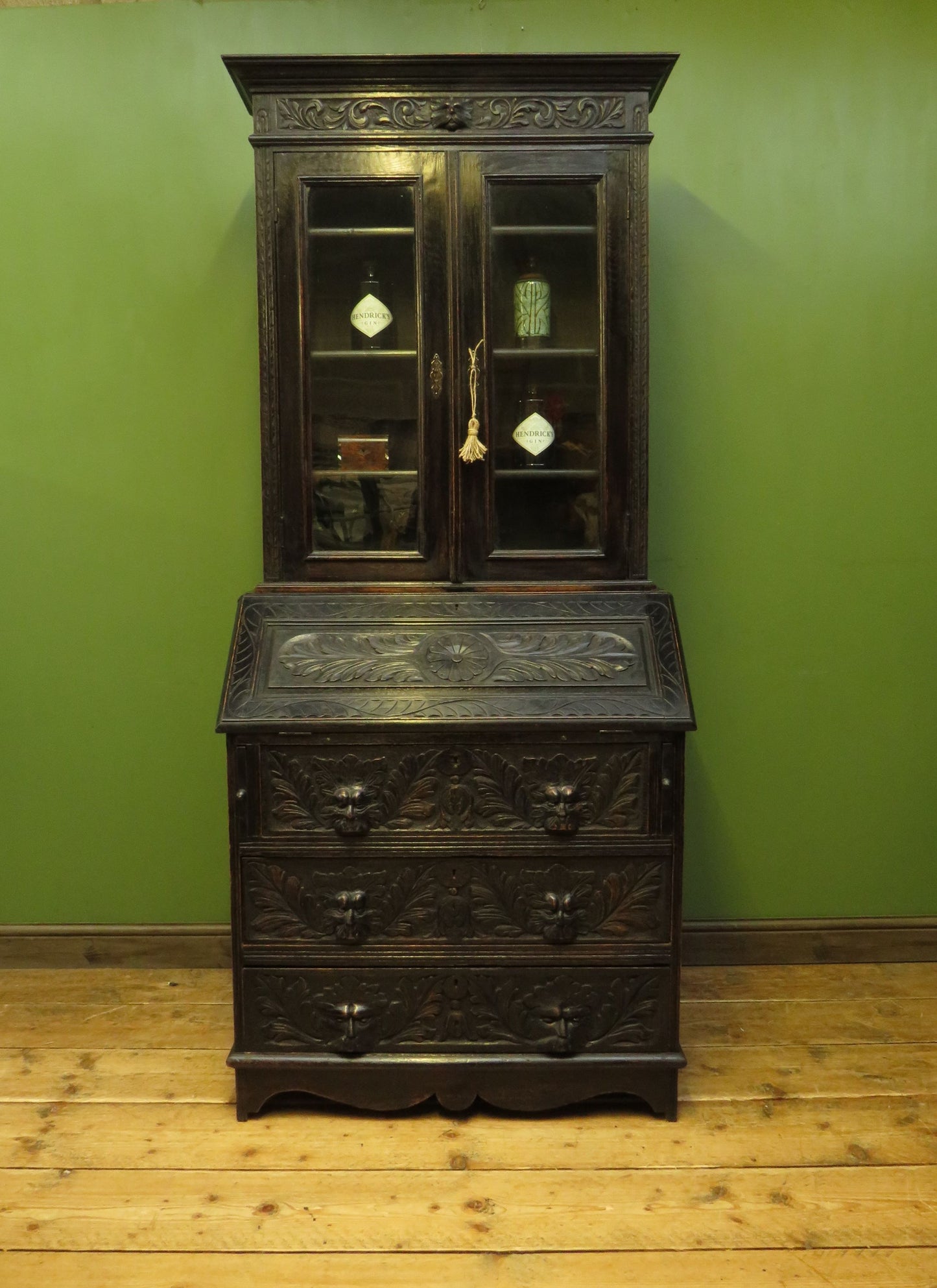 Gothic Ebonized Oak Green Man Bureau Bookcase