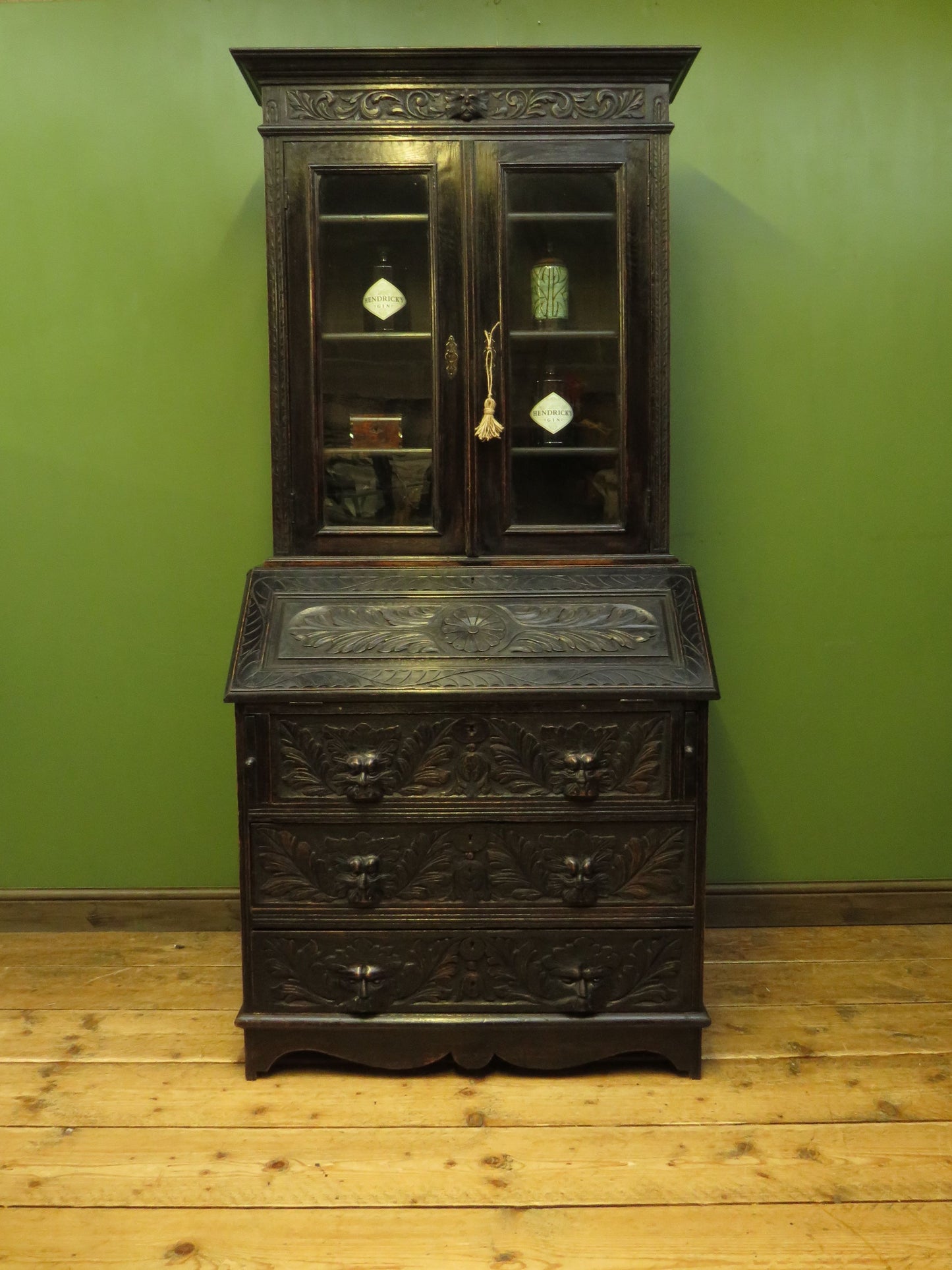 Gothic Ebonized Oak Green Man Bureau Bookcase