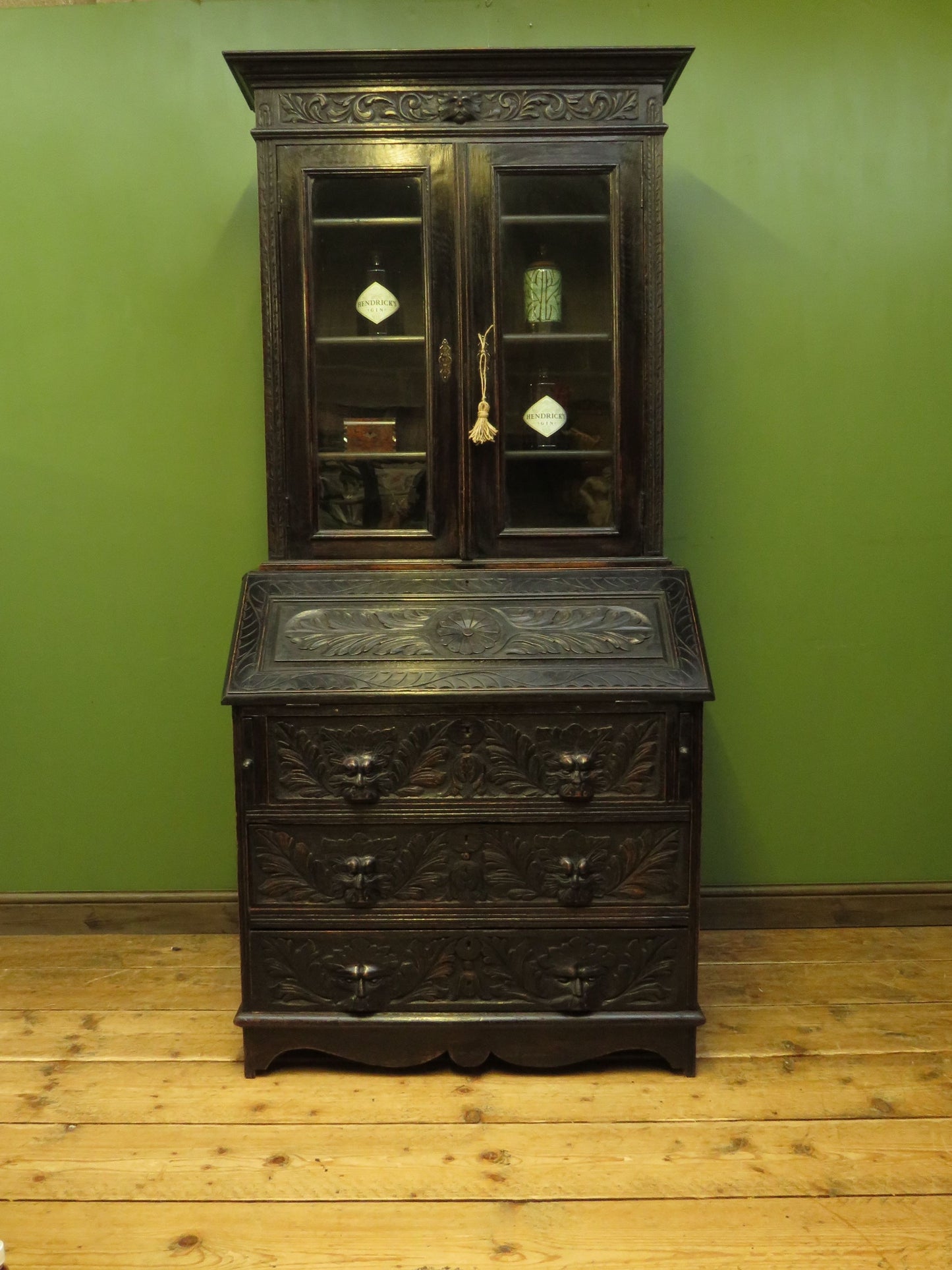 Gothic Ebonized Oak Green Man Bureau Bookcase