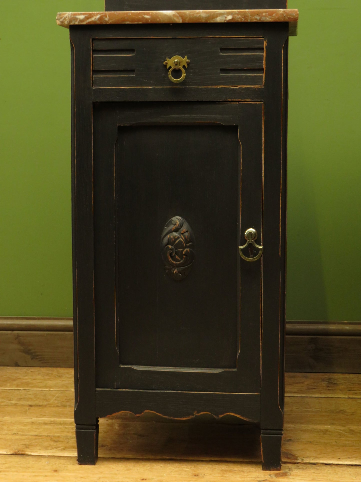 Pair of Antique Black Bedside Cabinets with Marble Tops