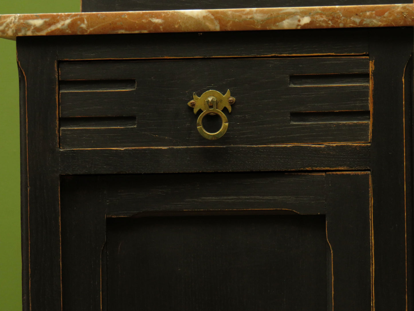 Pair of Antique Black Bedside Cabinets with Marble Tops