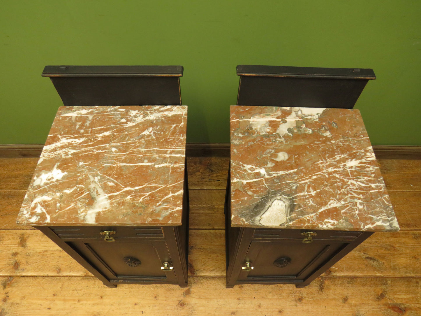 Pair of Antique Black Bedside Cabinets with Marble Tops