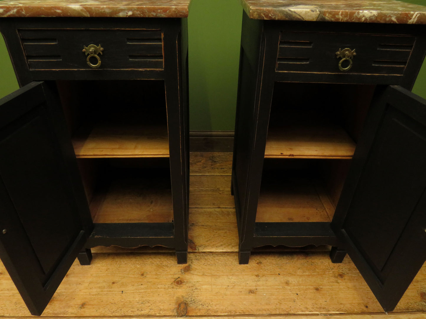 Pair of Antique Black Bedside Cabinets with Marble Tops