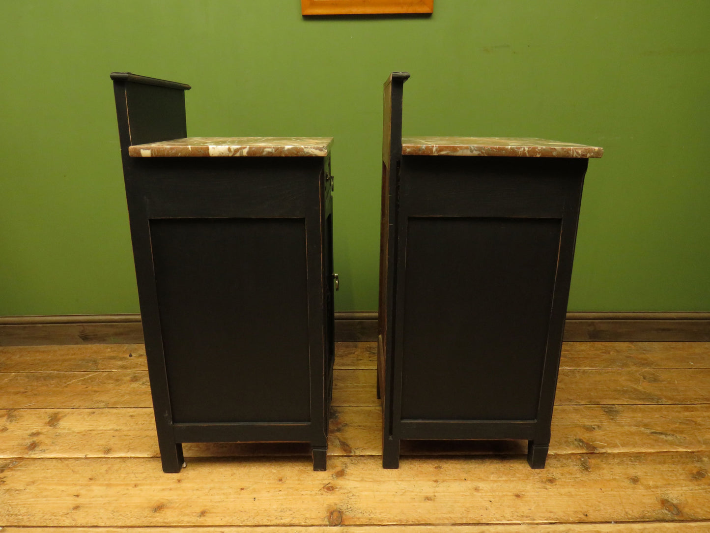 Pair of Antique Black Bedside Cabinets with Marble Tops