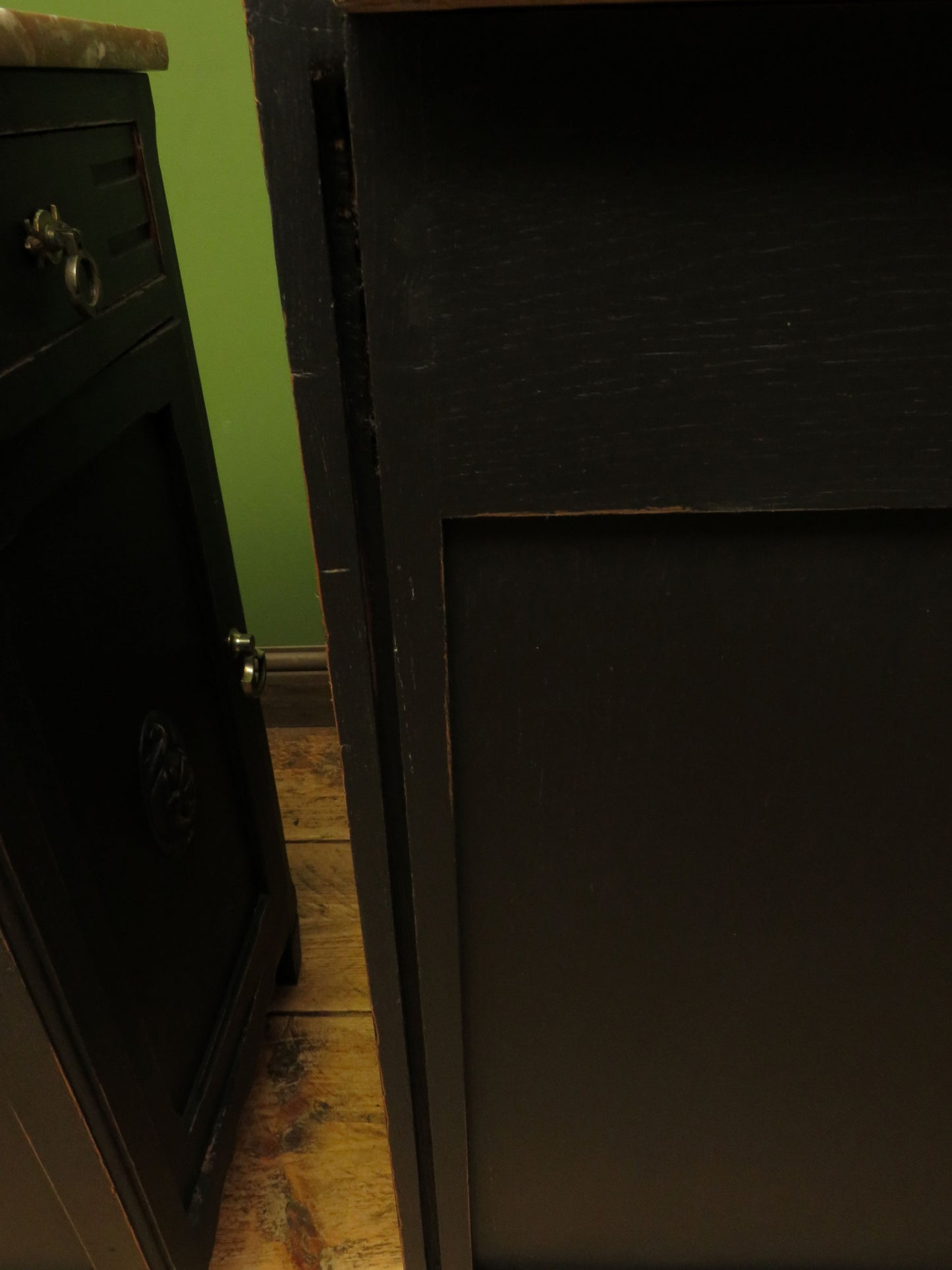 Pair of Antique Black Bedside Cabinets with Marble Tops