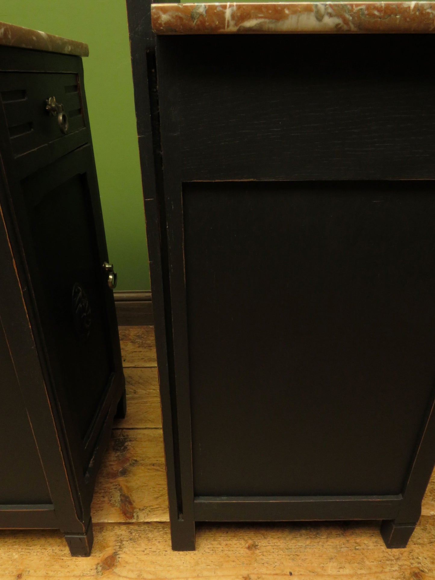 Pair of Antique Black Bedside Cabinets with Marble Tops