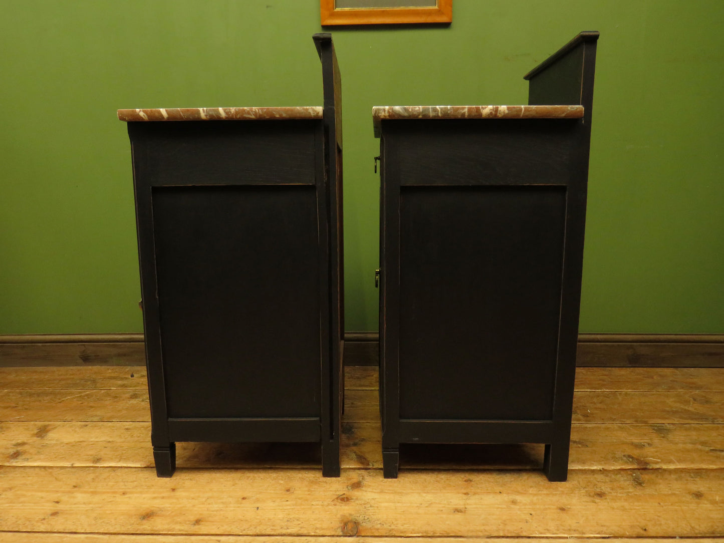 Pair of Antique Black Bedside Cabinets with Marble Tops