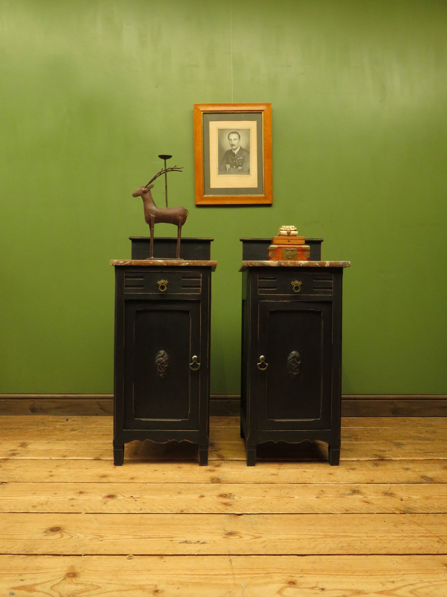 Pair of Antique Black Bedside Cabinets with Marble Tops