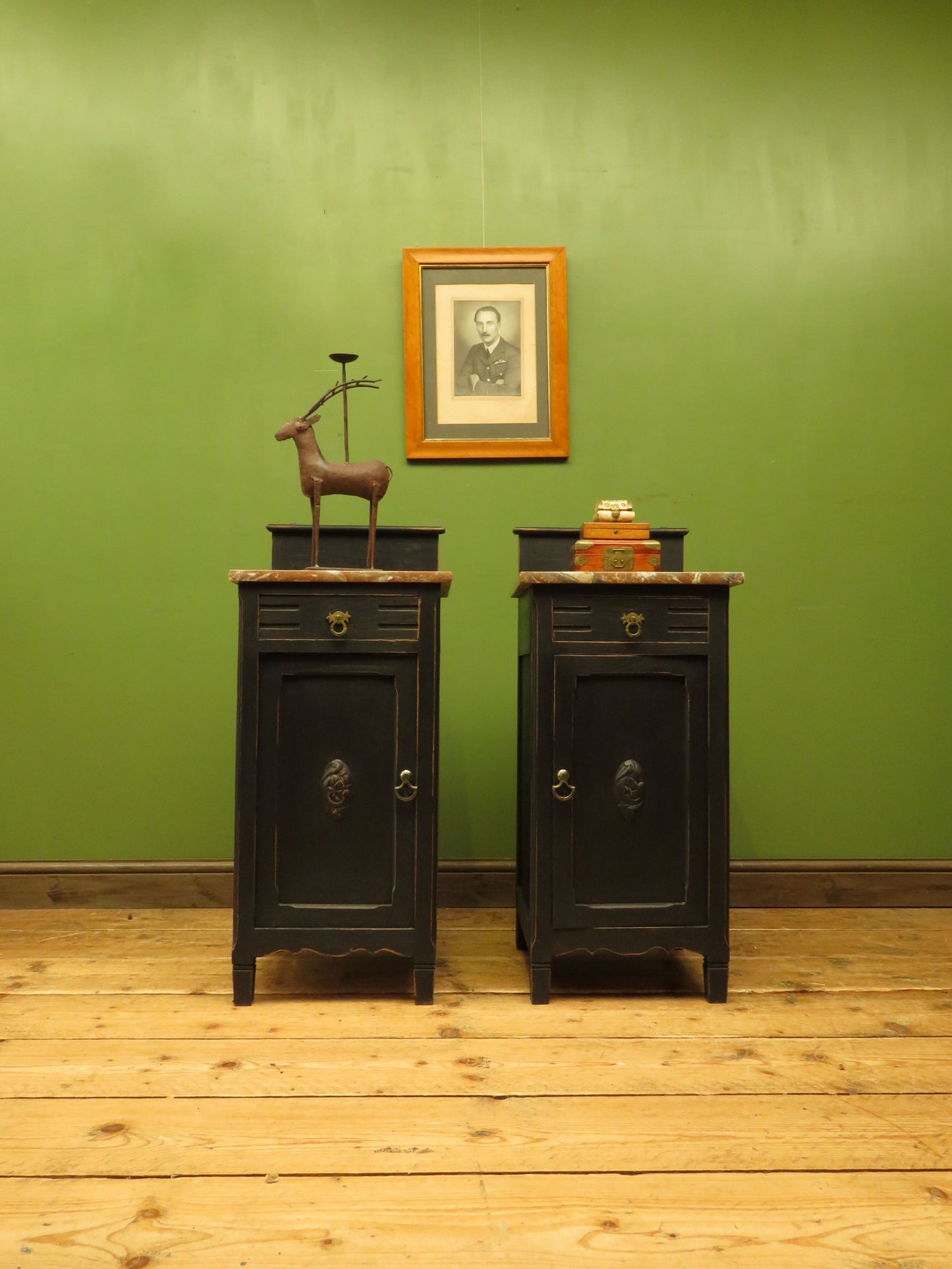 Pair of Antique Black Bedside Cabinets with Marble Tops