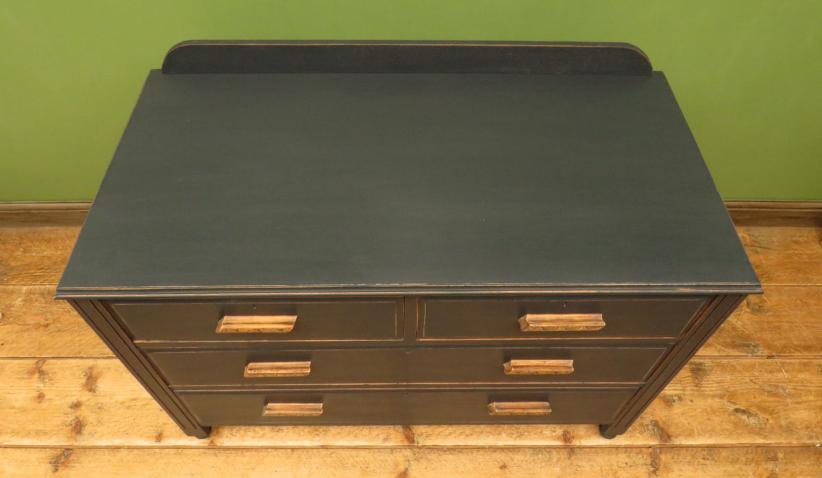 Art Deco Painted Black Chest of Drawers with stylised wooden handles