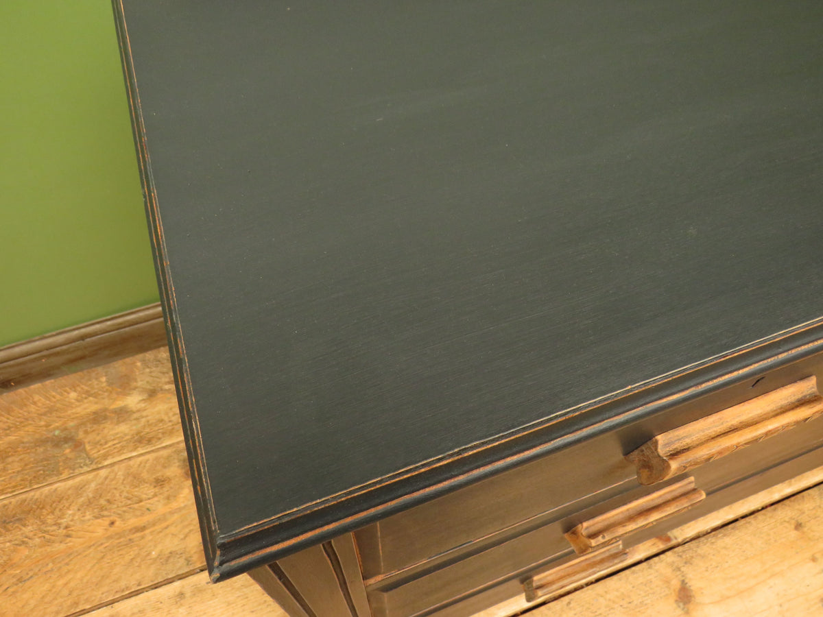 Art Deco Painted Black Chest of Drawers with stylised wooden handles