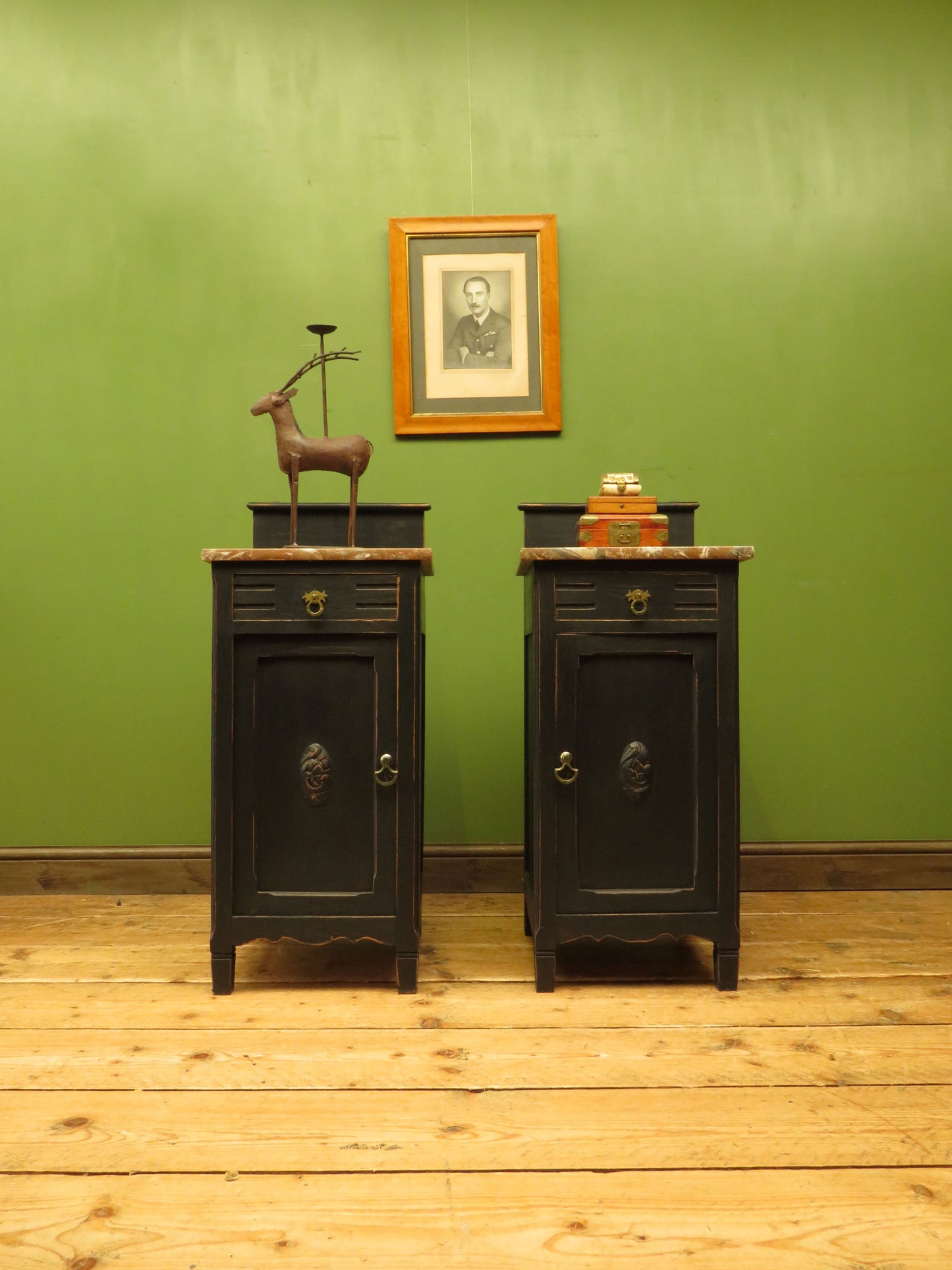 Pair of Antique Black Bedside Cabinets with Marble Tops