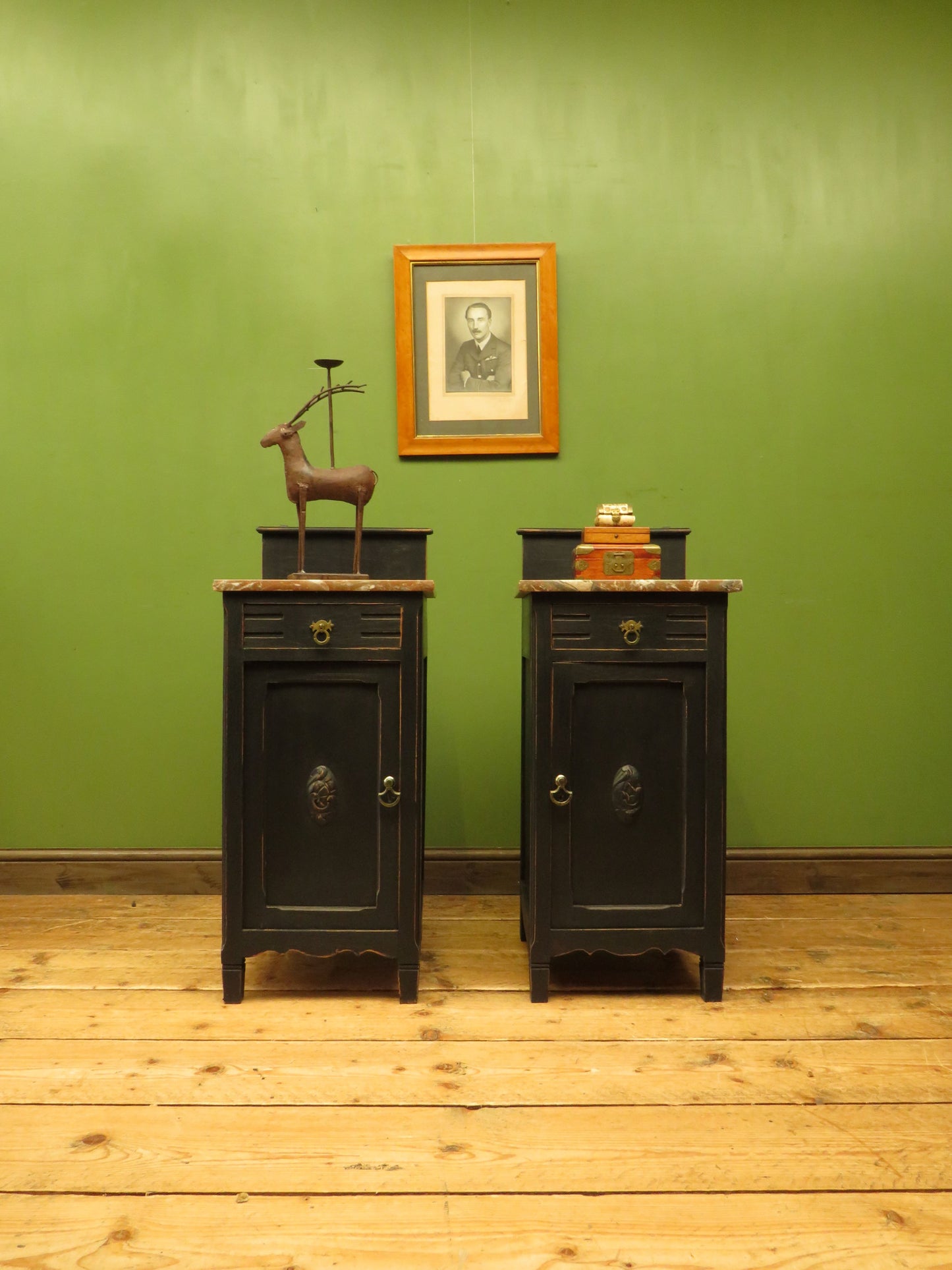 Pair of Antique Black Bedside Cabinets with Marble Tops