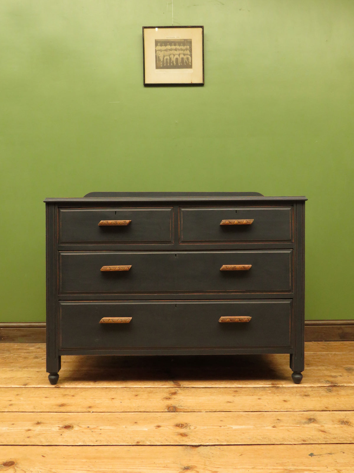 Art Deco Painted Black Chest of Drawers with stylised wooden handles