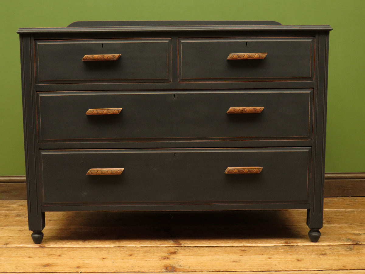 Art Deco Painted Black Chest of Drawers with stylised wooden handles
